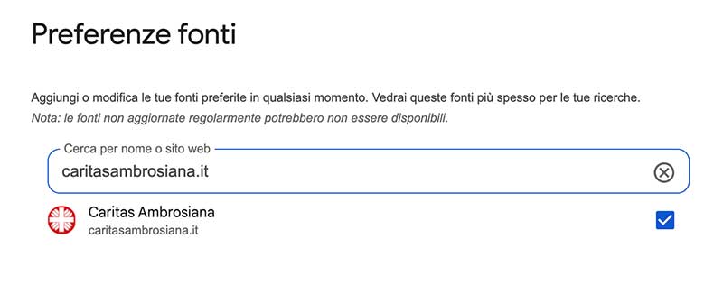 Come aggiungere Caritas Ambrosiana tra le fonti preferite su Google
